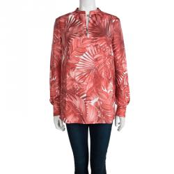 Pre Owned Salvatore Ferragamo Red Leaf Printed Silk Long Sleeve Blouse S