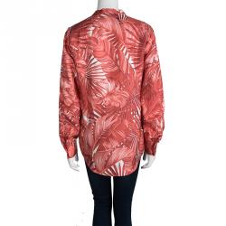 Pre Owned Salvatore Ferragamo Red Leaf Printed Silk Long Sleeve Blouse S