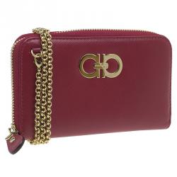 Pre Owned محفظة سالفاتوري فيراغامو دابل غانشو بسحاب دائري وسلسلة جلد حمراء