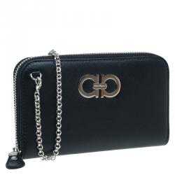 مملوكة مسبقًا محفظة سالفاتوري فيراغامو دوبل غانسيو جلد أسود بسحاب محيط و سلسلة