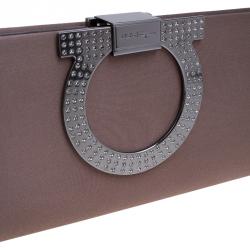 Pre Owned Salvatore Ferragamo Taupe Satin Musa Evening Clutch