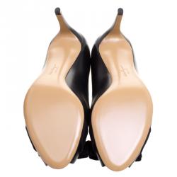 Pre Owned حذاء كعب عالي سالفاتوري فيراغامو بولا جلد أسود بفيونكة مقدمة مفتوحة مقاس 39.5