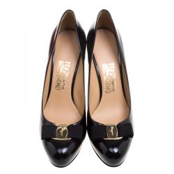 Pre Owned Salvatore Ferragamo Black Patent Pimpa Vara Bow Pumps Size 39.5