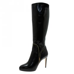 Pre Owned Salvatore Ferragamo Black Patent Zip Detail Tall Boots Size 40