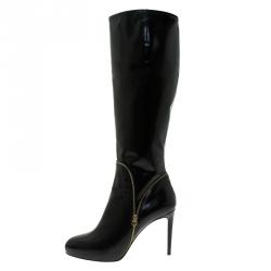 Pre Owned Salvatore Ferragamo Black Patent Zip Detail Tall Boots Size 40