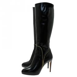 Pre Owned Salvatore Ferragamo Black Patent Zip Detail Tall Boots Size 40