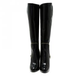 Pre Owned Salvatore Ferragamo Black Patent Zip Detail Tall Boots Size 40