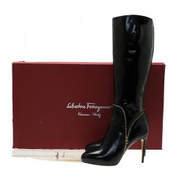 Pre Owned Salvatore Ferragamo Black Patent Zip Detail Tall Boots Size 40