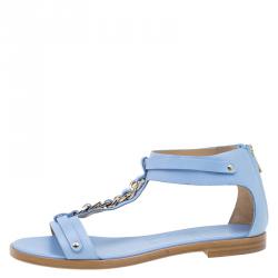 Pre Owned Salvatore Ferragamo Light Blue Leather Moe Chain Detail Flat Sandals Size 37.5
