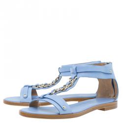 Pre Owned Salvatore Ferragamo Light Blue Leather Moe Chain Detail Flat Sandals Size 37.5