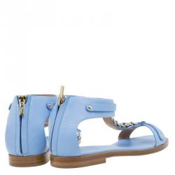 Pre Owned Salvatore Ferragamo Light Blue Leather Moe Chain Detail Flat Sandals Size 37.5