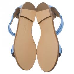 Pre Owned Salvatore Ferragamo Light Blue Leather Moe Chain Detail Flat Sandals Size 37.5