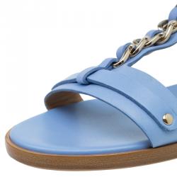 Pre Owned Salvatore Ferragamo Light Blue Leather Moe Chain Detail Flat Sandals Size 37.5
