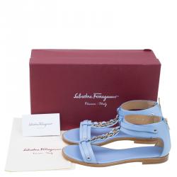 Pre Owned Salvatore Ferragamo Light Blue Leather Moe Chain Detail Flat Sandals Size 37.5