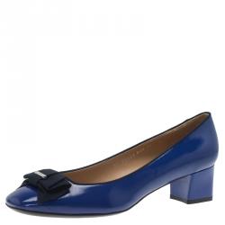 Salvatore Ferragamo Blue Patent 'My Muse' Bow Block Heel Pumps Size 40.5