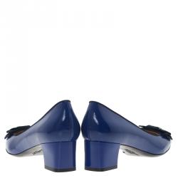 Salvatore Ferragamo Blue Patent 'My Muse' Bow Block Heel Pumps Size 40.5