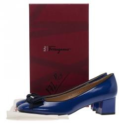 Salvatore Ferragamo Blue Patent 'My Muse' Bow Block Heel Pumps Size 40.5