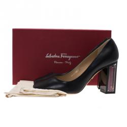 مملوكة مسبقًا Salvatore Ferragamo Black Leather Ninfea Lucite Block Heel Pumps Size 40