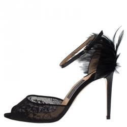 Salvatore Ferragamo Black Meshs and Leather Feather Detail Narleen Ankle Strap Sandals Size 40