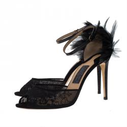 Salvatore Ferragamo Black Meshs and Leather Feather Detail Narleen Ankle Strap Sandals Size 40
