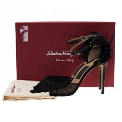 Salvatore Ferragamo Black Meshs and Leather Feather Detail Narleen Ankle Strap Sandals Size 40
