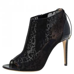 Pre Owned Salvatore Ferragamo Black Python Lace Nufus Peep Toe Ankle Boots Size 39.5