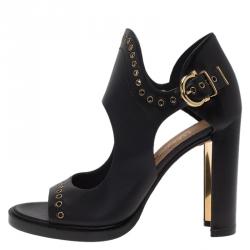Salvatore Ferragamo Black Cutout Leather Eyelet Ankle Sandals Size 39.5