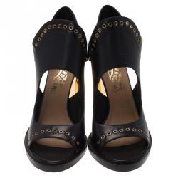 Salvatore Ferragamo Black Cutout Leather Eyelet Ankle Sandals Size 39.5