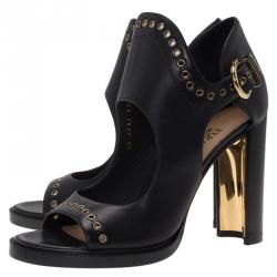 Salvatore Ferragamo Black Cutout Leather Eyelet Ankle Sandals Size 39.5