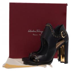 Salvatore Ferragamo Black Cutout Leather Eyelet Ankle Sandals Size 39.5
