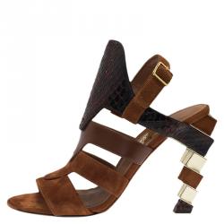 Salvatore Ferragamo Tricolor Suede and Python Laos Strappy Sandals Size 38.5