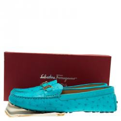 Pre Owned Salvatore Ferragamo Turquoise Ostrich Leather Saba Loafers Size 41.5