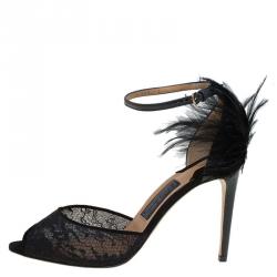 Salvatore Ferragamo Black Lace and Feather Narleen Ankle Strap Sandals Size 40