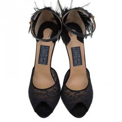 Salvatore Ferragamo Black Lace and Feather Narleen Ankle Strap Sandals Size 40