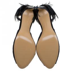 Salvatore Ferragamo Black Lace and Feather Narleen Ankle Strap Sandals Size 40