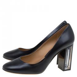 Pre Owned Salvatore Ferragamo Black Leather Ninfea Lucite Block Heel Pumps Size 40.5