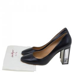 Pre Owned Salvatore Ferragamo Black Leather Ninfea Lucite Block Heel Pumps Size 40.5