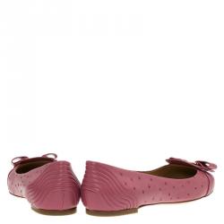 Pre Owned Salvatore Ferragamo Pink Ostrich Embossed Leather Vara Bow Ballet Flats Size 39.5