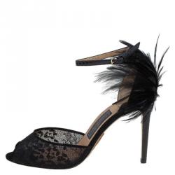 مملوكة مسبقًا Salvatore Ferragamo Black Mesh and Leather Feather Detail Narleen Ankle Strap Sandals Size 37.5