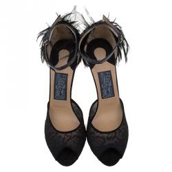 مملوكة مسبقًا Salvatore Ferragamo Black Mesh and Leather Feather Detail Narleen Ankle Strap Sandals Size 37.5