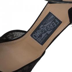 مملوكة مسبقًا Salvatore Ferragamo Black Mesh and Leather Feather Detail Narleen Ankle Strap Sandals Size 37.5