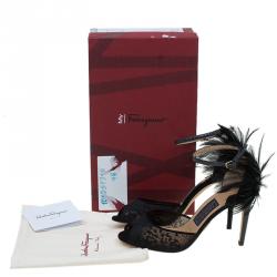 مملوكة مسبقًا Salvatore Ferragamo Black Mesh and Leather Feather Detail Narleen Ankle Strap Sandals Size 37.5