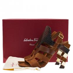 Salvatore Ferragamo Tricolor Suede and Python Laos Strappy Sandals Size 39