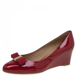 Pre Owned Salvatore Ferragamo Red Patent Mirabel Wedge Pumps Size 40.5
