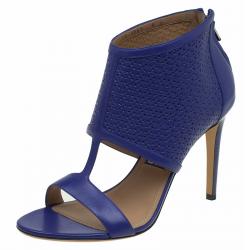 Pre Owned Salvatore Ferragamo Blue Embossed Leather Pacella Open-Toe Booties Size 39.5