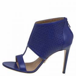 Pre Owned Salvatore Ferragamo Blue Embossed Leather Pacella Open-Toe Booties Size 39.5