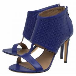 Pre Owned Salvatore Ferragamo Blue Embossed Leather Pacella Open-Toe Booties Size 39.5