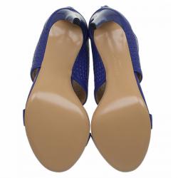 Pre Owned Salvatore Ferragamo Blue Embossed Leather Pacella Open-Toe Booties Size 39.5