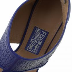 Pre Owned Salvatore Ferragamo Blue Embossed Leather Pacella Open-Toe Booties Size 39.5