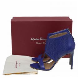 Pre Owned Salvatore Ferragamo Blue Embossed Leather Pacella Open-Toe Booties Size 39.5